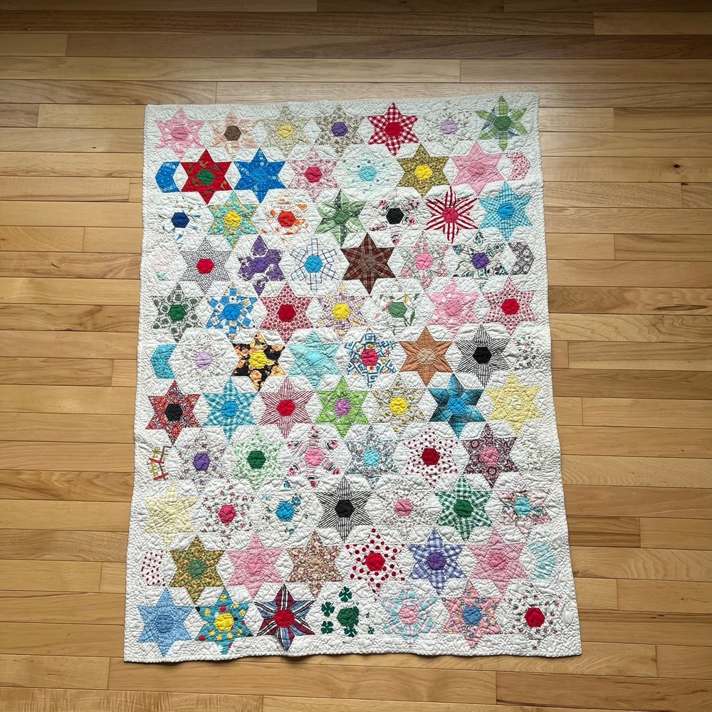 Vtg Handmade Patchwork Star Baby Quilt White Purple 45x33 Lap Cottage Grandma
